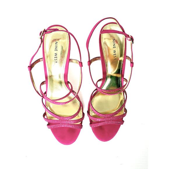 Nine West Hot Pink Rhinestone Satin Strappy Heels Evening Sandals Stiletto 7.5M - Picture 2 of 7